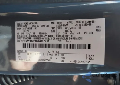 2019 Ford F-150 Xlt from USA, damaged, VIN 1FTEW1CP1KKD47315